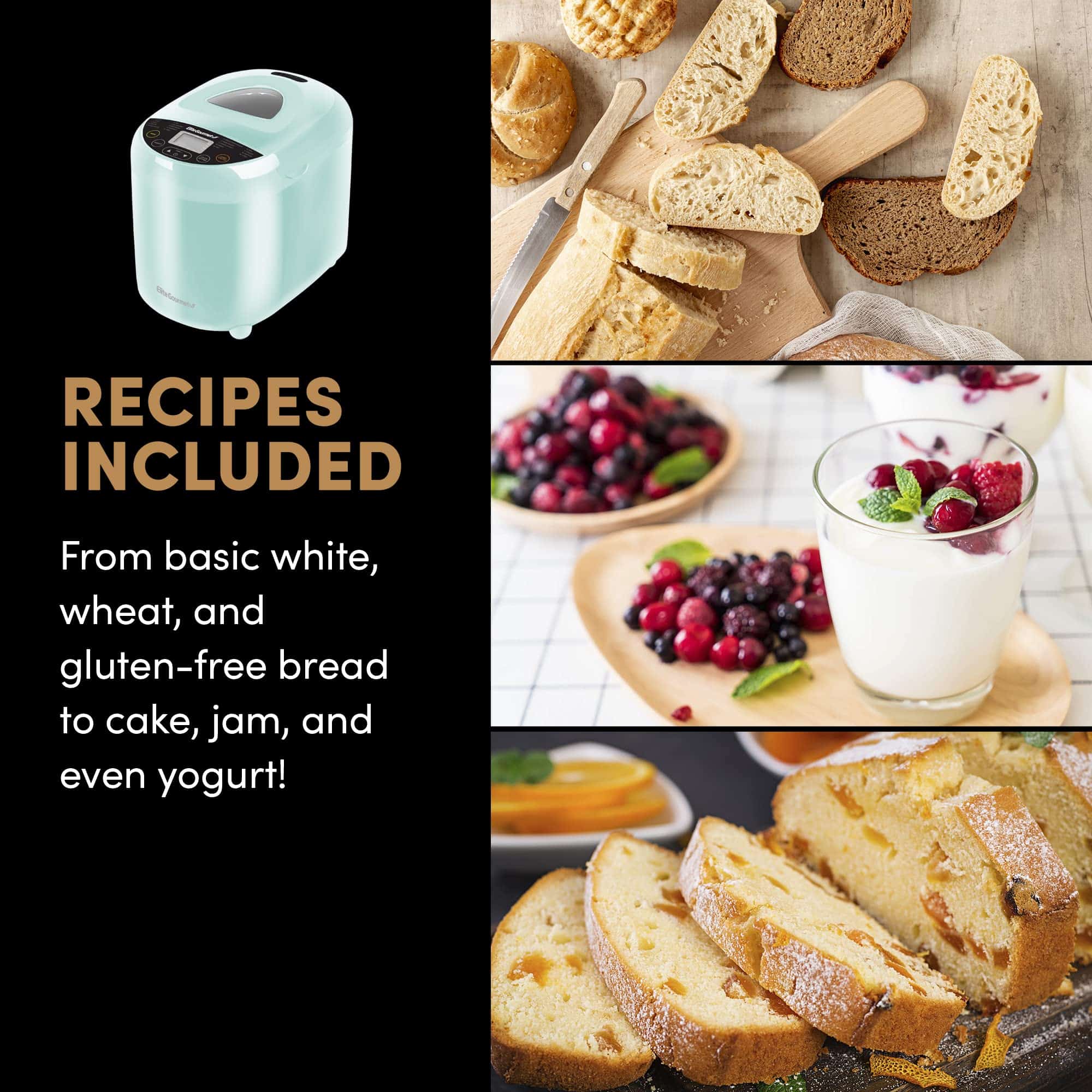 Elite Gourmet EBM8103M Programmable Bread Maker Machine 3 Loaf Sizes, 2 Lbs, Mint
