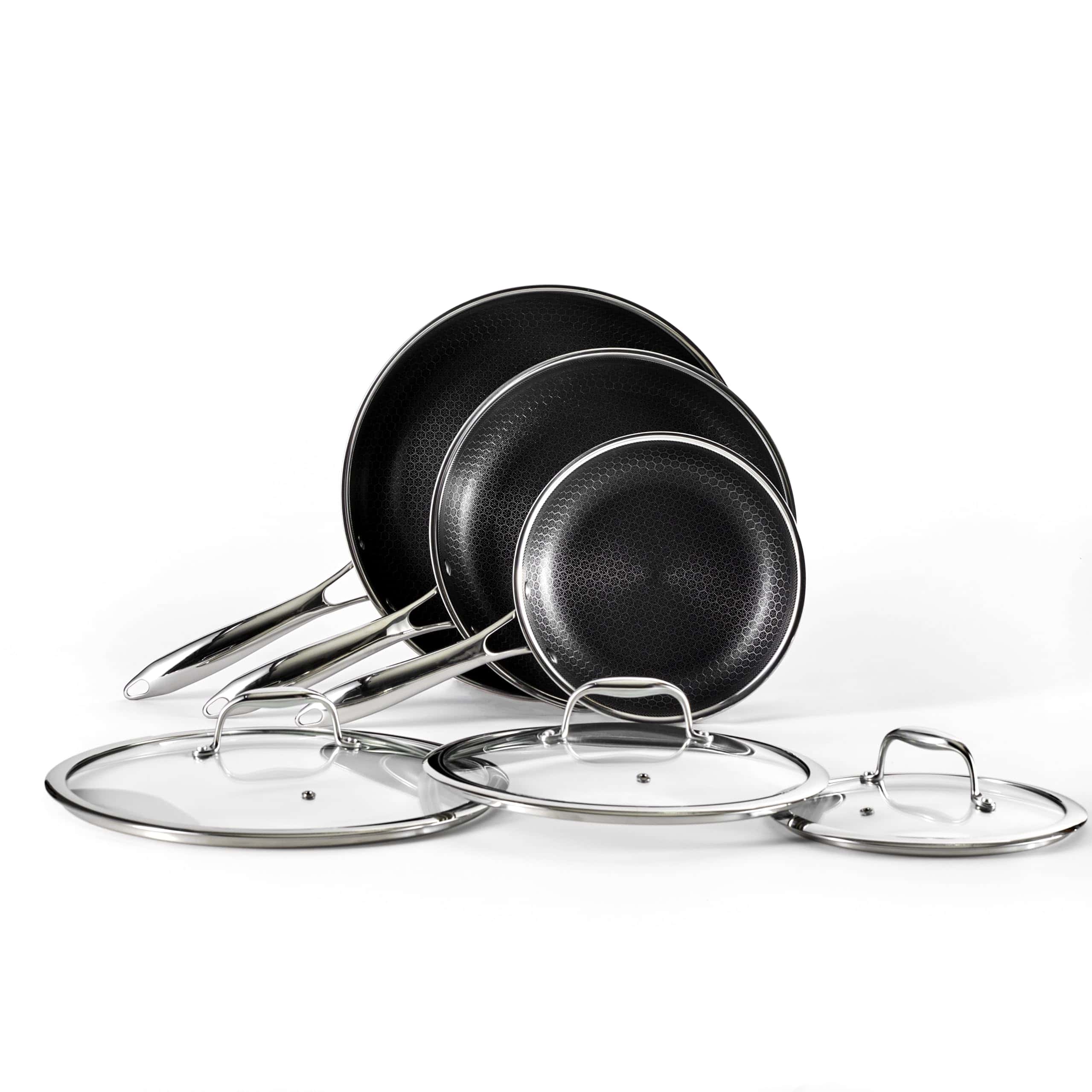 HexClad Hybrid Nonstick 6-Piece Fry Pan Set, 8, 10 and 12-Inch Frying Pans with Tempered Glass Lids