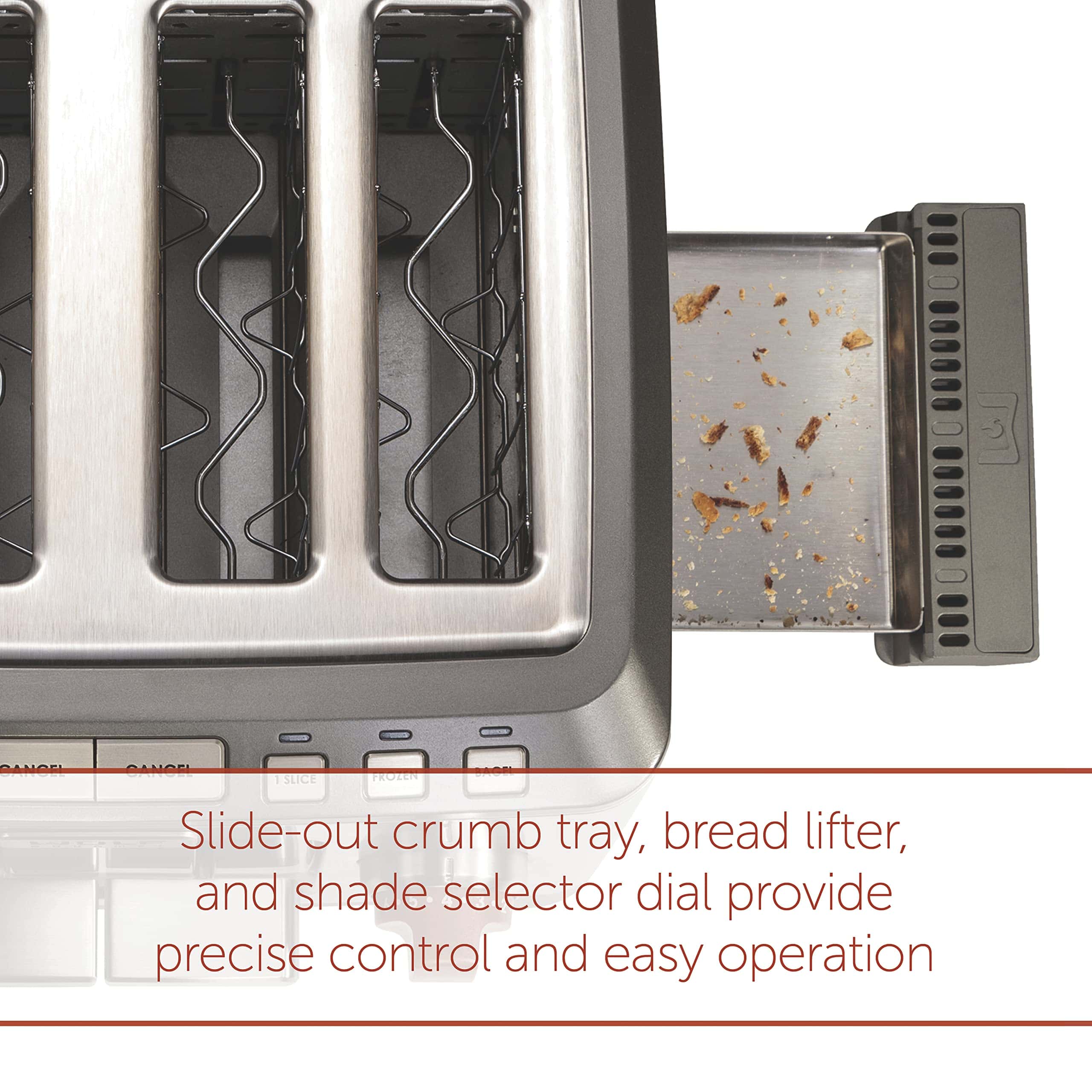 Wolf Gourmet 4-Slice Extra-Wide Slot Toaster with Shade Selector, Bagel and Defrost Settings, Red Knob, Stainless Steel