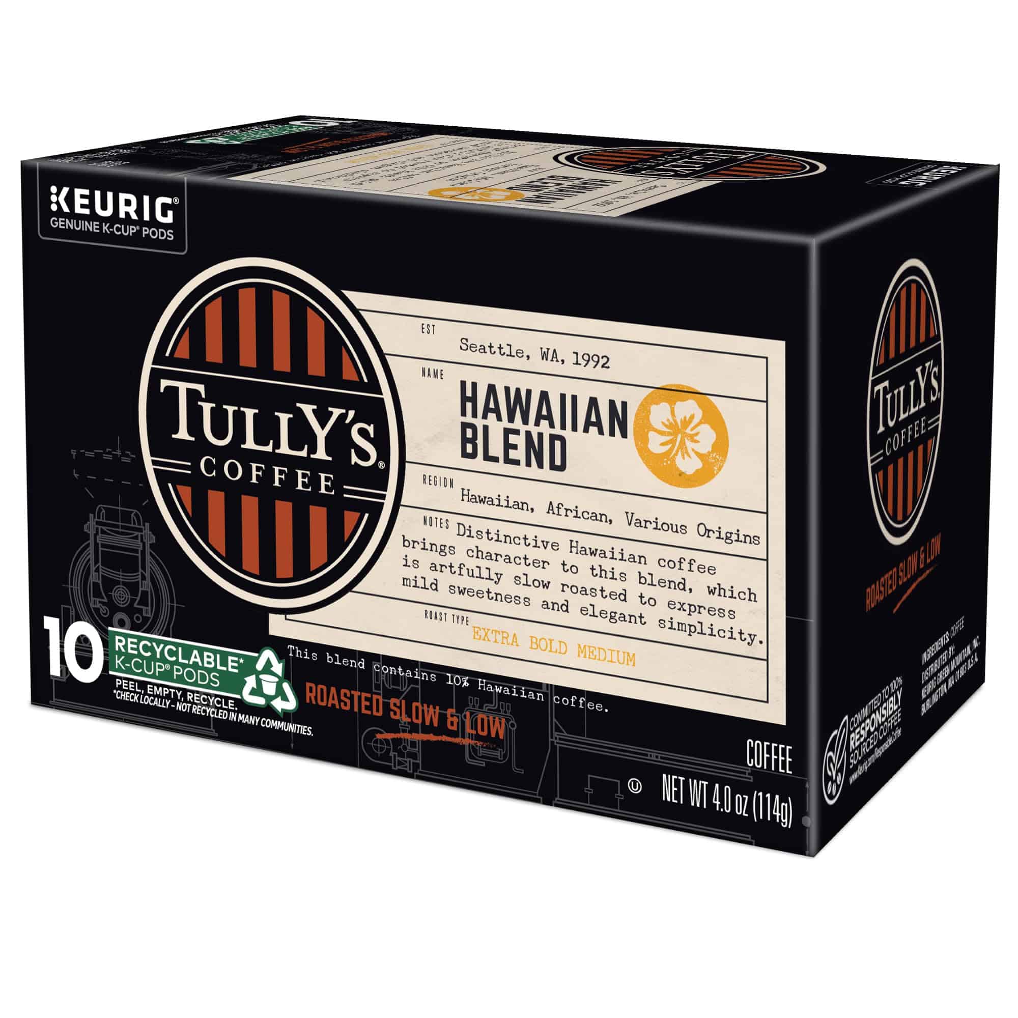 Tully's Coffee Hawaiian Blend, Keurig Single Serve K-Cup Pods, Medium Roast, 60 Count, (6 Packs of 10)