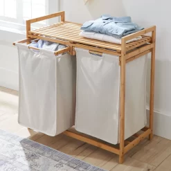Better Homes & Gardens 35L 2-Bin Rectangular Bamboo Laundry Sorter with Removable Linen Liner, Natural Wood & Vanilla Dream