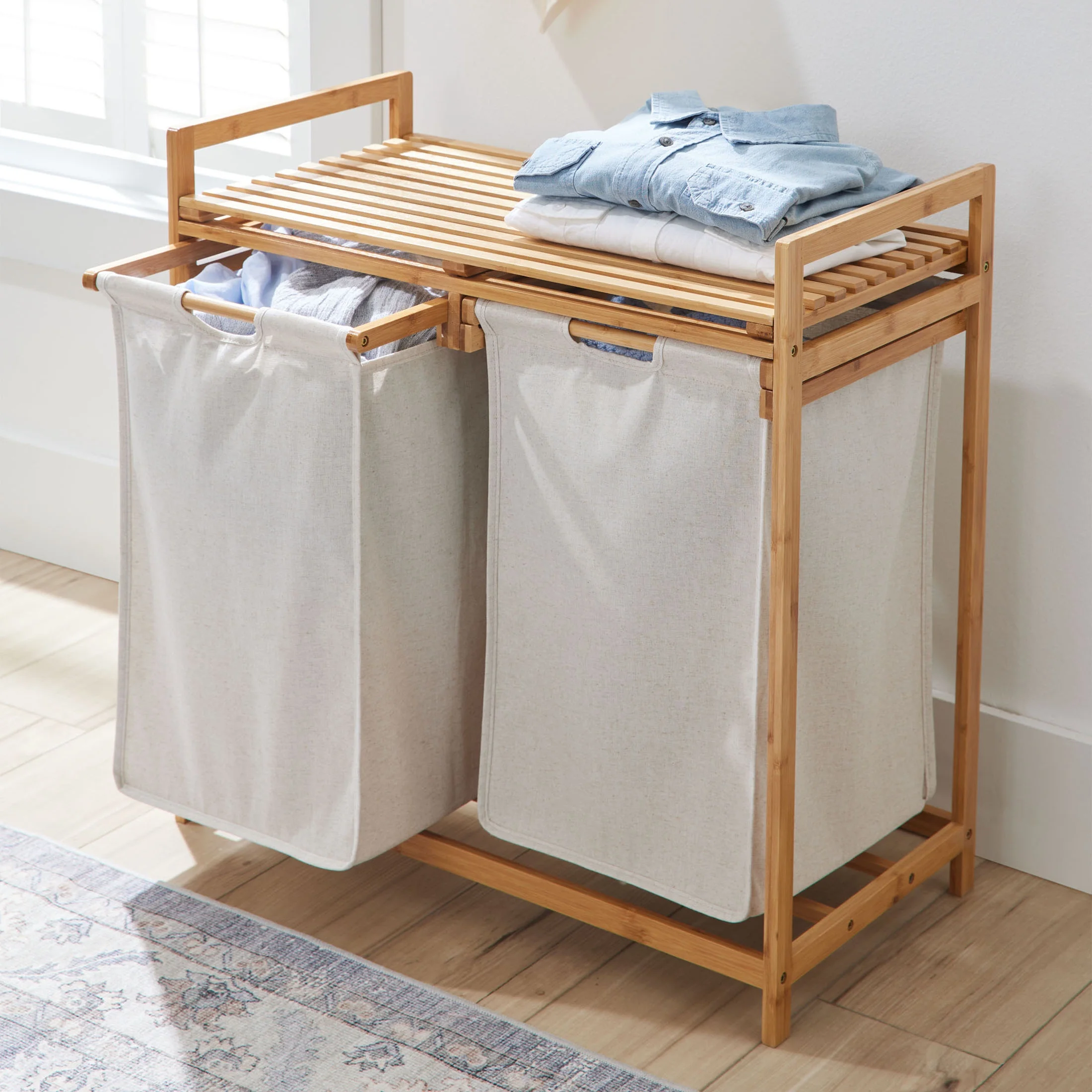 Better Homes & Gardens 35L 2-Bin Rectangular Bamboo Laundry Sorter with Removable Linen Liner, Natural Wood & Vanilla Dream