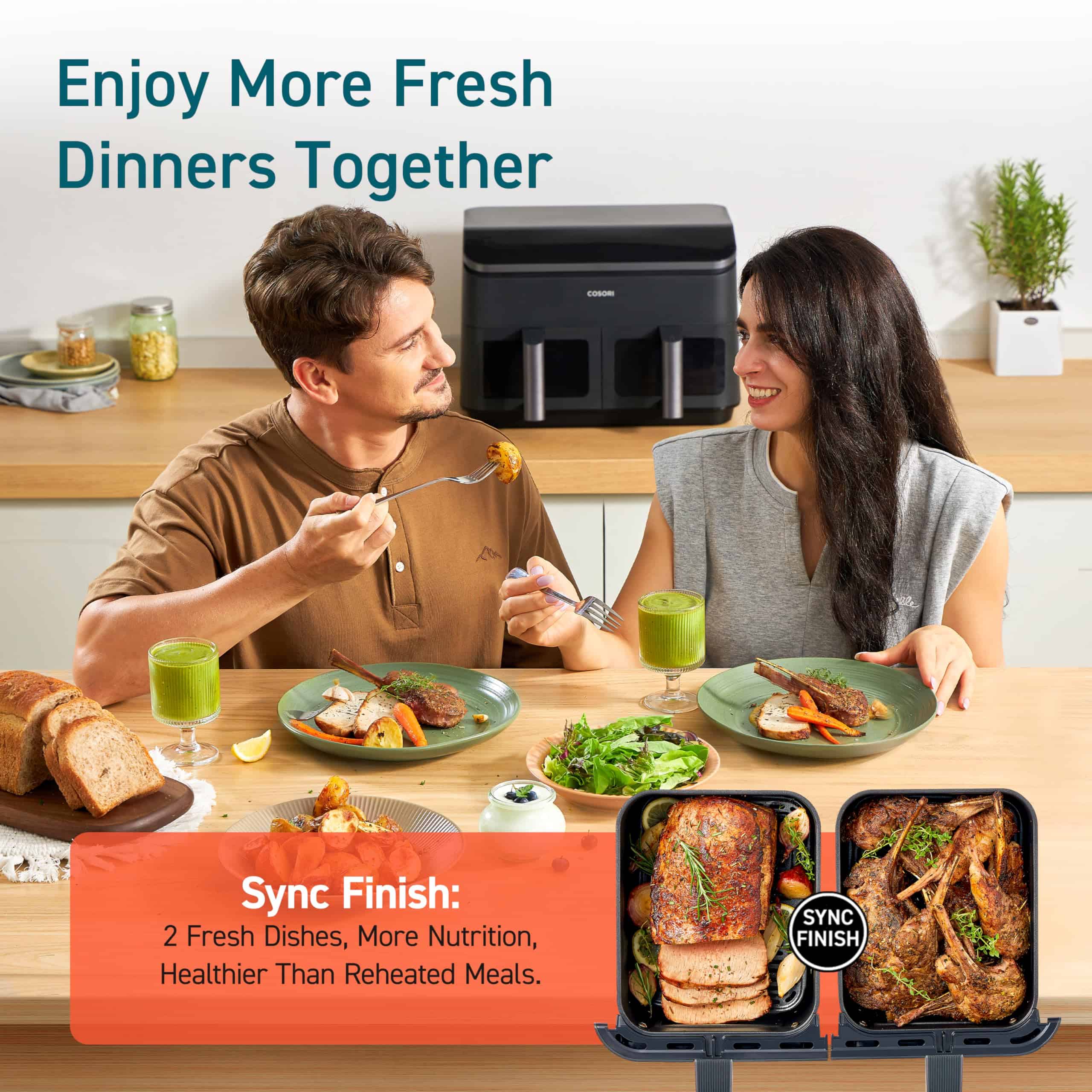 COSORI 9Qt 8-in-1 Dual Air Fryer, Fresh Balanced Meals, Dishwasher Safe