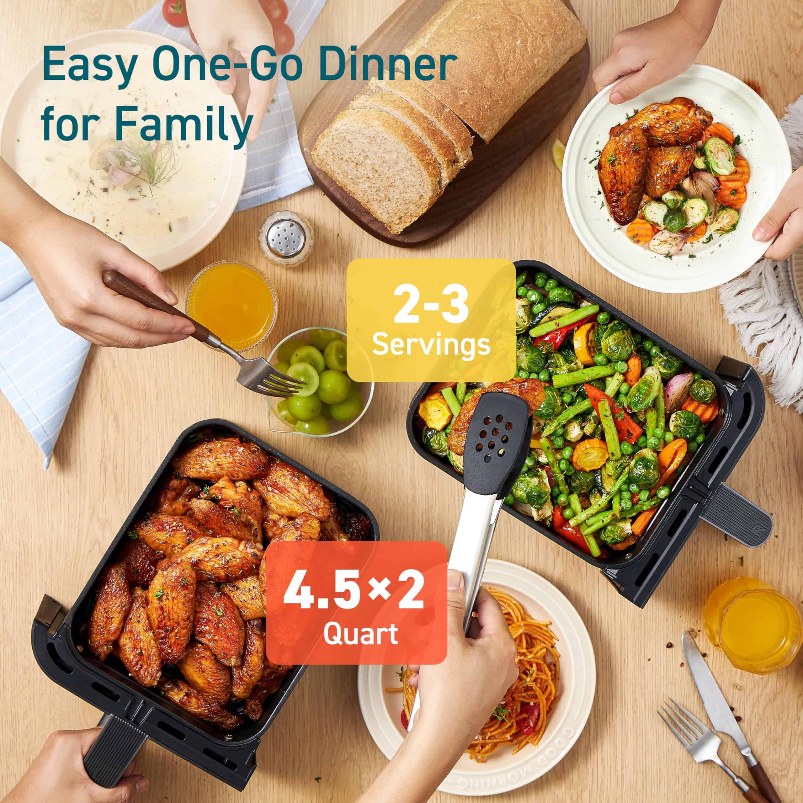 COSORI 9Qt 8-in-1 Dual Air Fryer, Fresh Balanced Meals, Dishwasher Safe