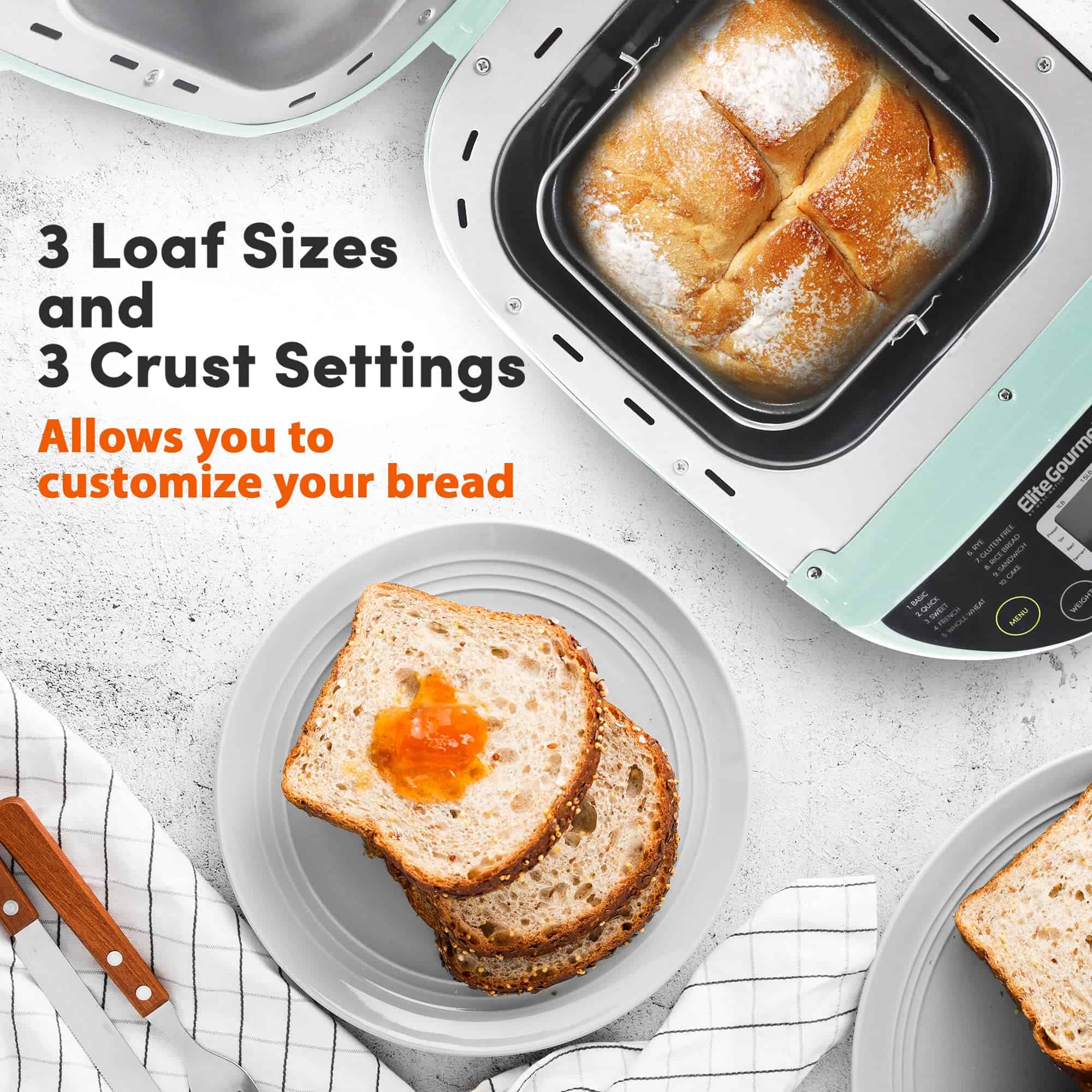 Elite Gourmet EBM8103M Programmable Bread Maker Machine 3 Loaf Sizes, 2 Lbs, Mint