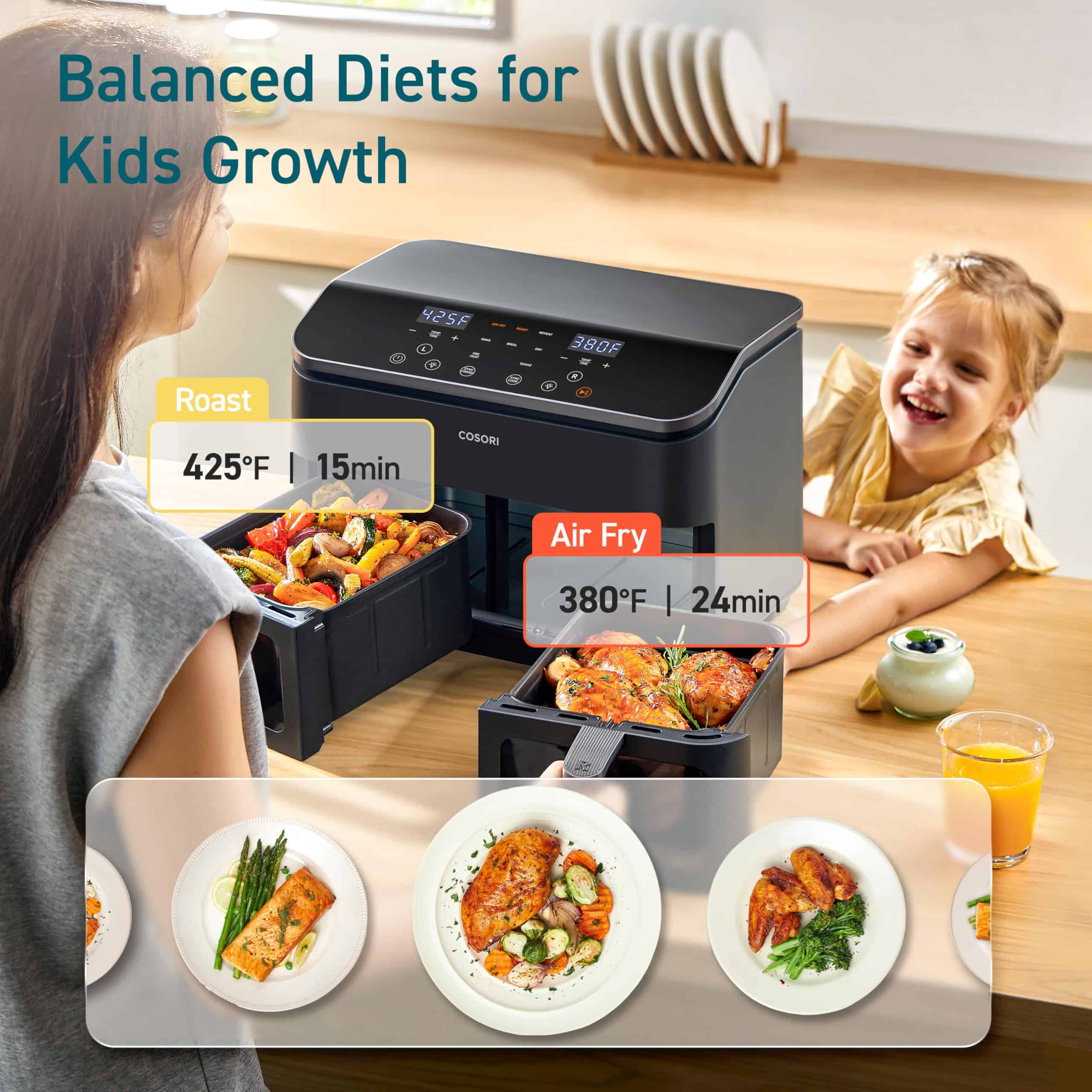 COSORI 9Qt 8-in-1 Dual Air Fryer, Fresh Balanced Meals, Dishwasher Safe