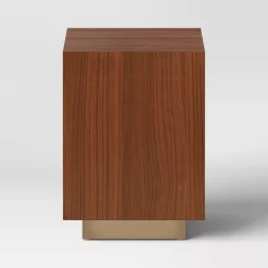 Wood and Metal Plinth Accent Table - Threshold: Modern Lacquered Iron & Veneer, No Assembly Required