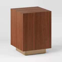 Wood and Metal Plinth Accent Table - Threshold: Modern Lacquered Iron & Veneer, No Assembly Required