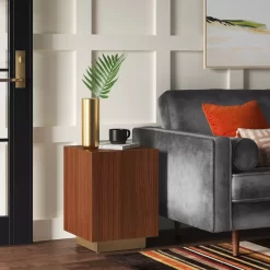Wood and Metal Plinth Accent Table - Threshold: Modern Lacquered Iron & Veneer, No Assembly Required
