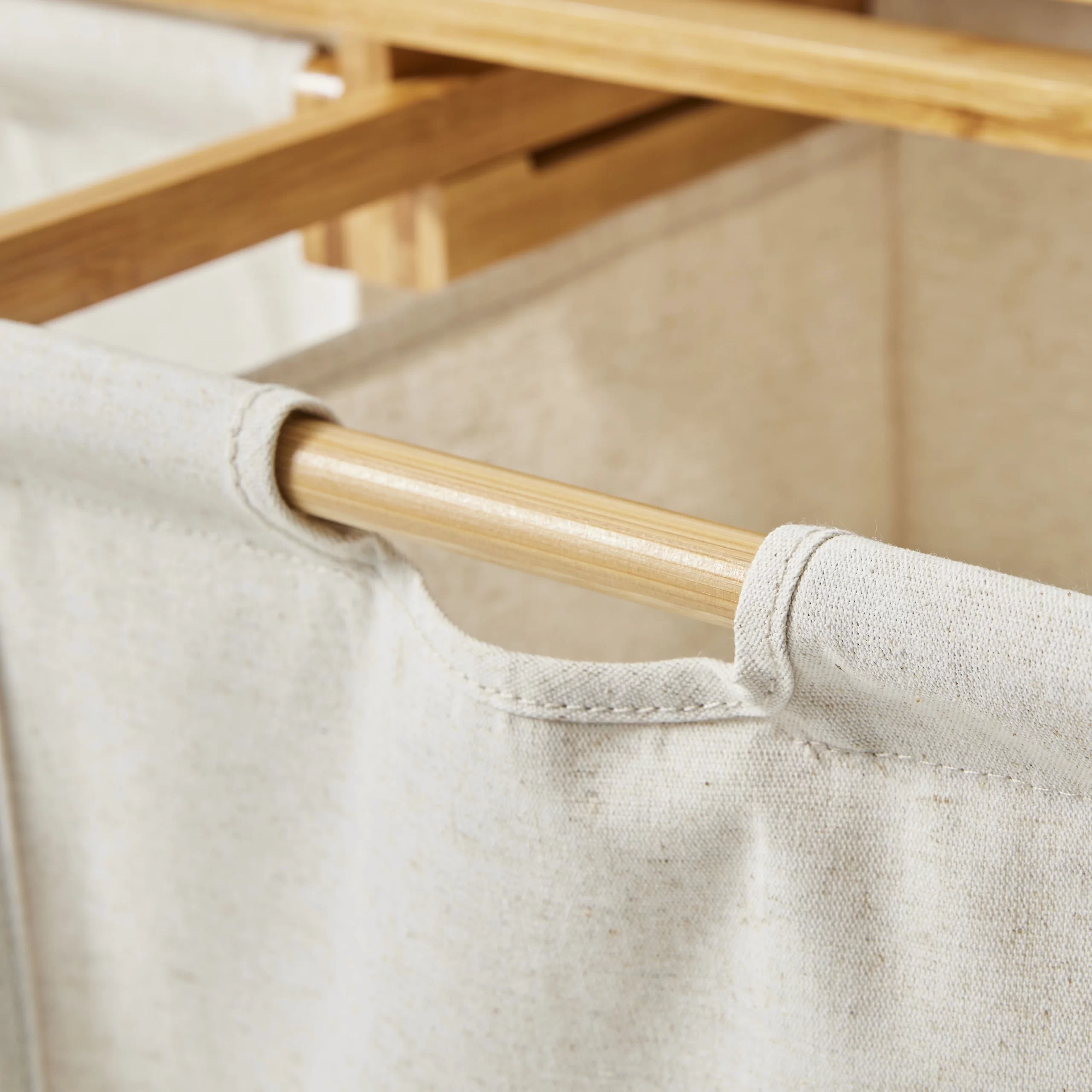 Better Homes & Gardens 35L 2-Bin Rectangular Bamboo Laundry Sorter with Removable Linen Liner, Natural Wood & Vanilla Dream