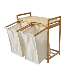 Better Homes & Gardens 35L 2-Bin Rectangular Bamboo Laundry Sorter with Removable Linen Liner, Natural Wood & Vanilla Dream