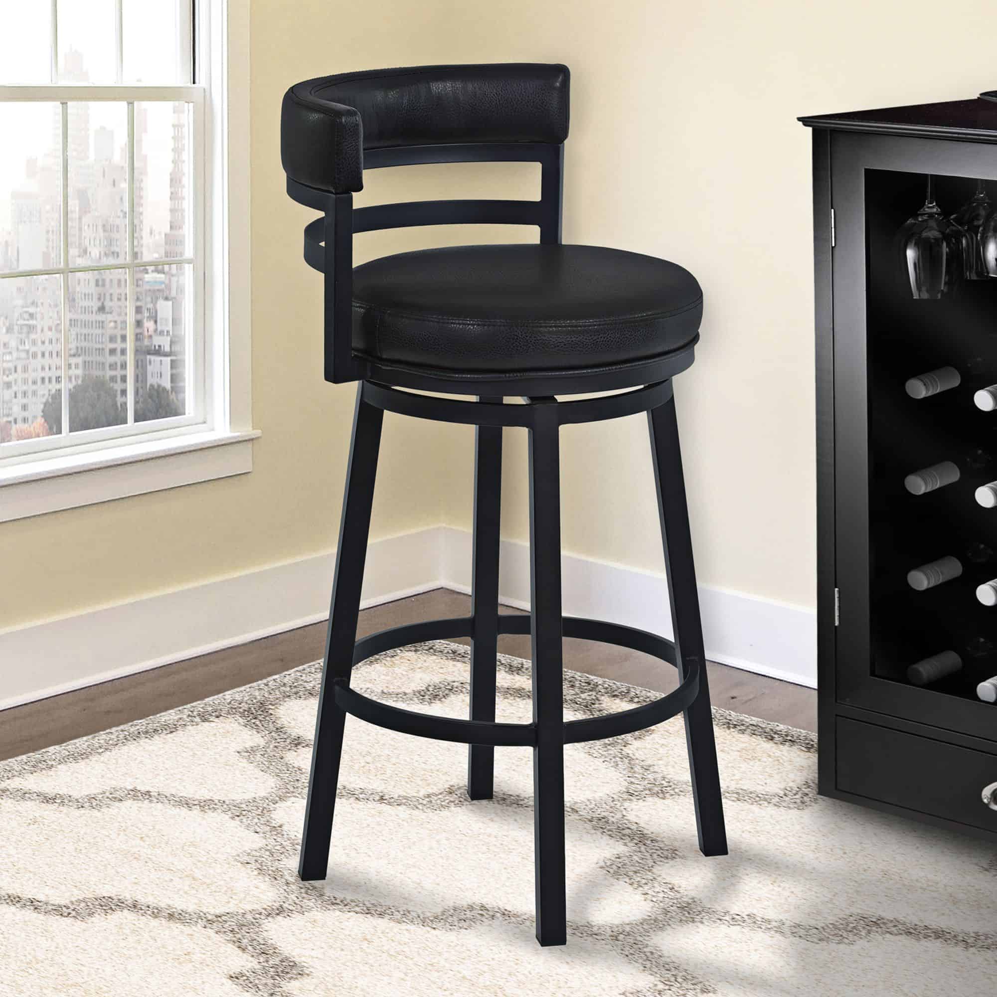 Armen Living Madrid 26 1/2" Ford Black Faux Leather Swivel Counter Stool