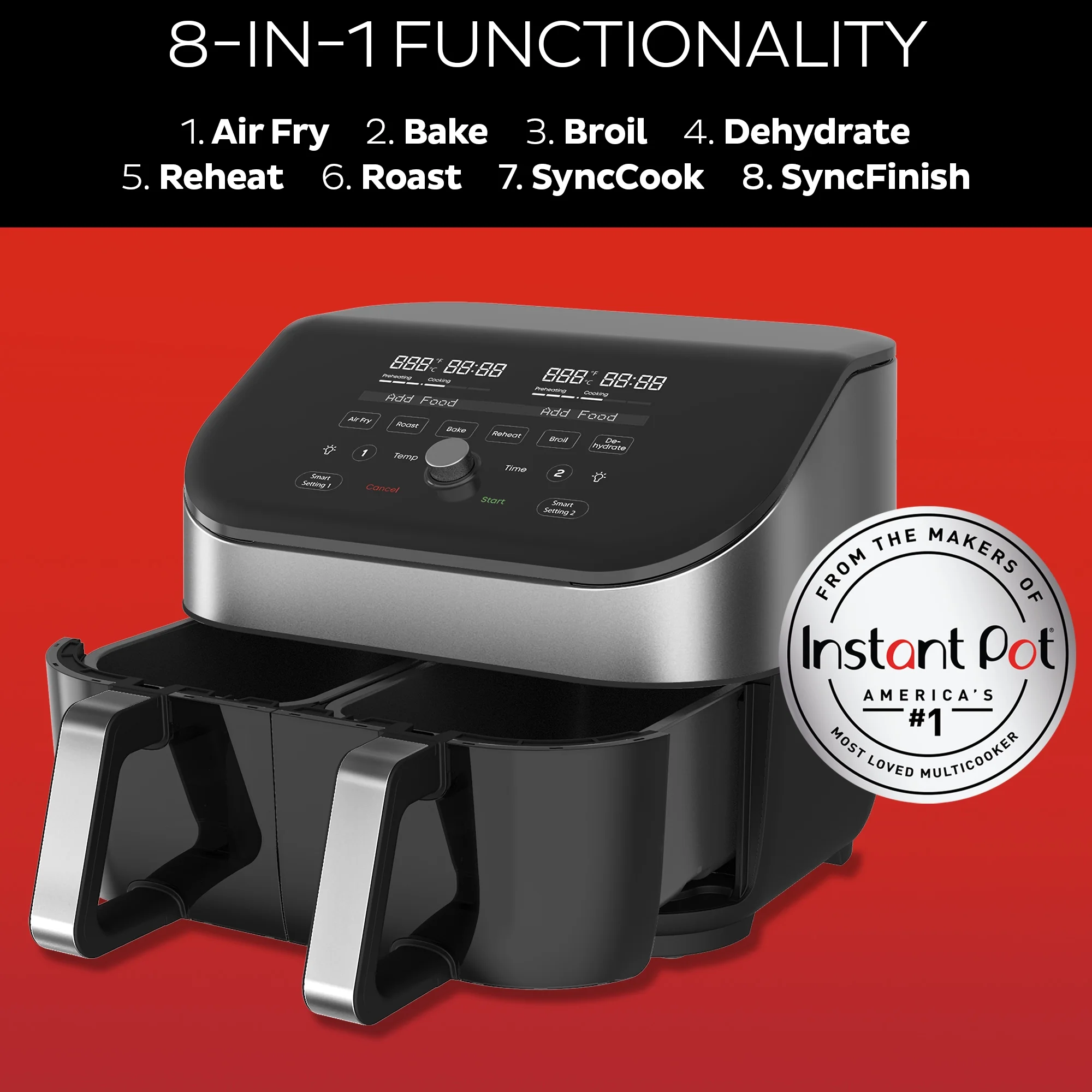 Instant Pot Vortex Plus XL 8-Quart Air Fryer, Stainless Steel - Dual Baskets, Clear Cooking Windows