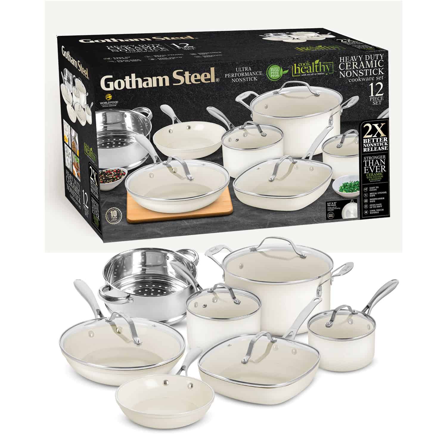 Gotham Steel Nonstick Pots and Pans Set 12 Piece Ceramic Cookware Kitchen Set with Frying Skillet, Saucepan, Cream