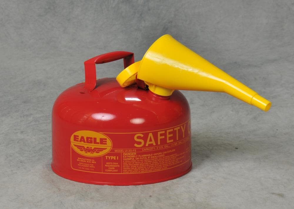 Eagle 2-Gallon Red Metal Gas Can with Flex Funnel Nozzle, UL Safety Listed, Non-Sparking Flame Arrestor