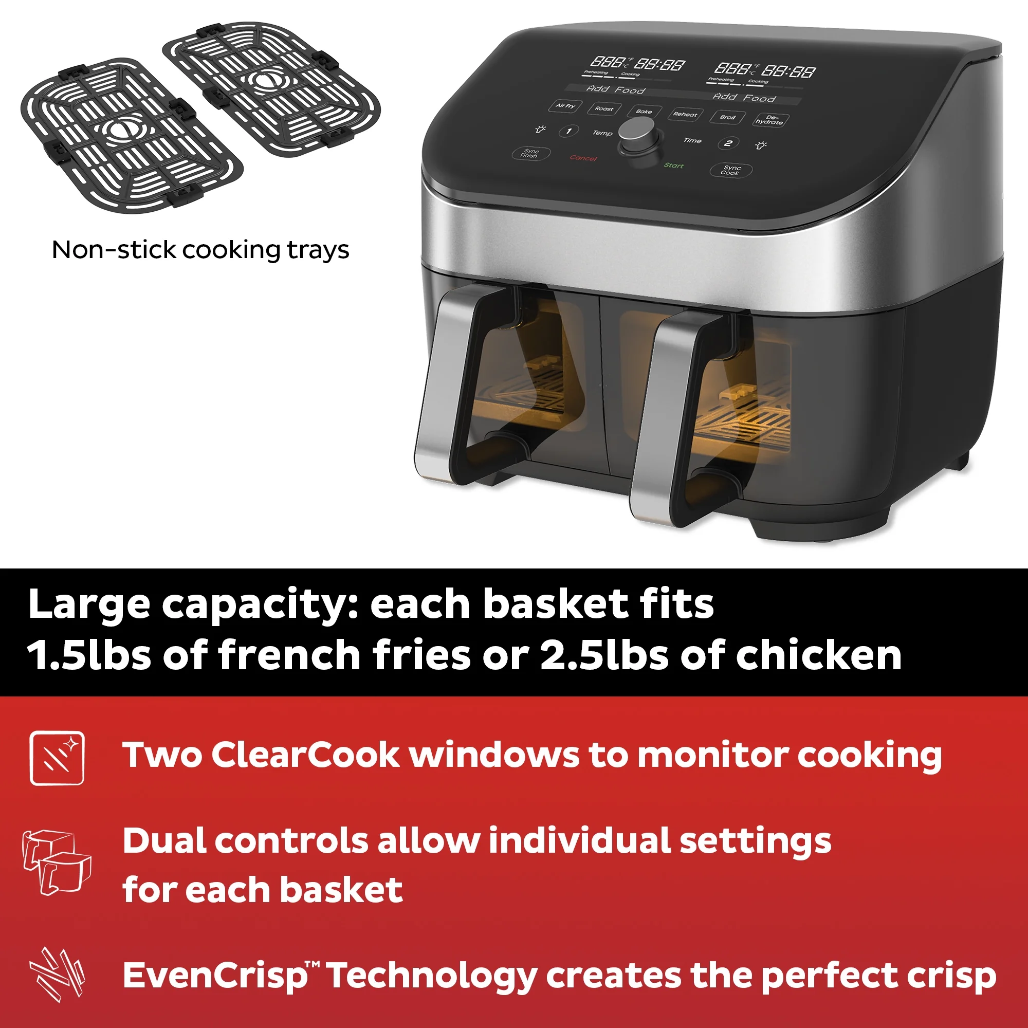 Instant Pot Vortex Plus XL 8-Quart Air Fryer, Stainless Steel - Dual Baskets, Clear Cooking Windows