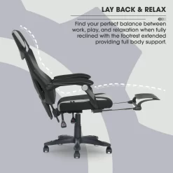 Gamer Gear Gaming Office Chair with Extendable Leg Rest, Gray/Black Fabric Upholstery