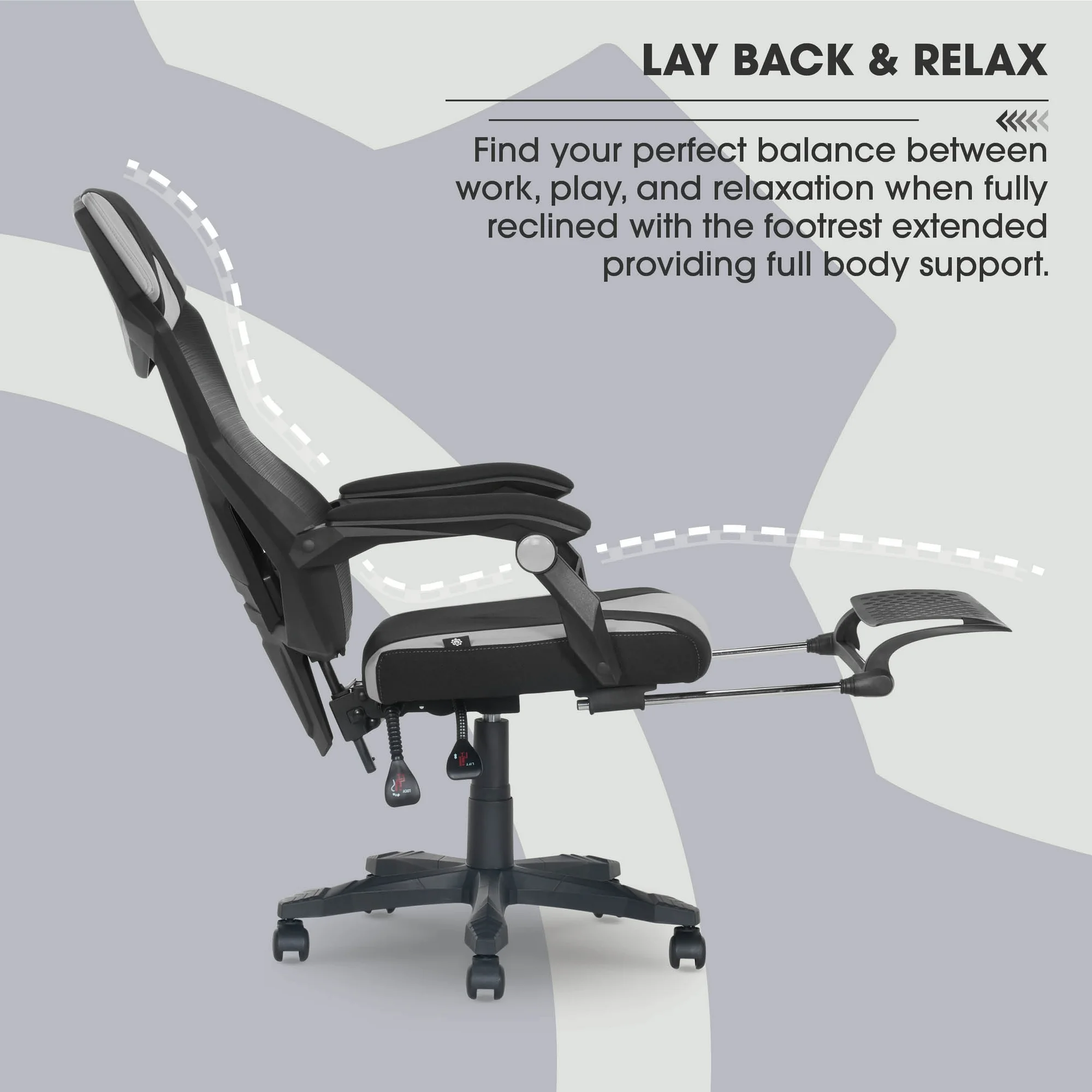 Gamer Gear Gaming Office Chair with Extendable Leg Rest, Gray/Black Fabric Upholstery
