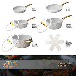 Thyme & Table Signature Ribbed 12-Piece Cookware Set Non-Stick- White & Gold