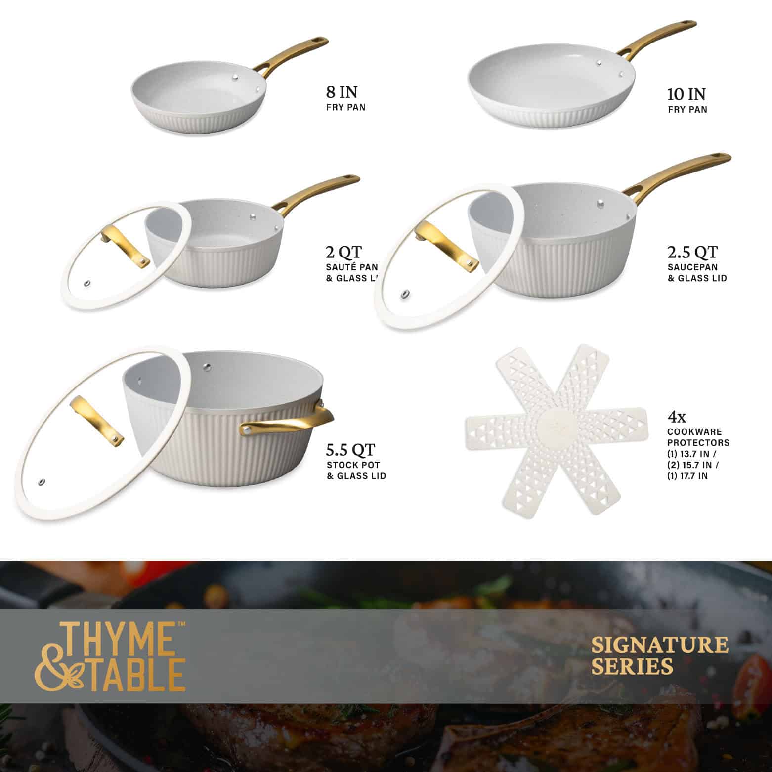 Thyme & Table Signature Ribbed 12-Piece Cookware Set Non-Stick- White & Gold