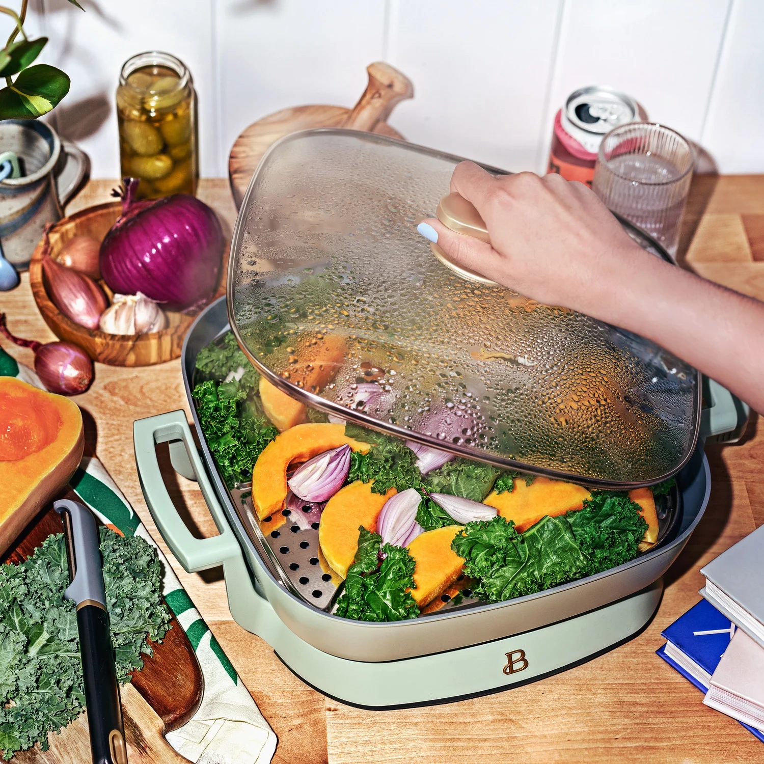Beautiful 5 in 1 Electric Skillet - Expandable up to 7 Qt with Glass Lid, Sage Green by Drew Barrymore