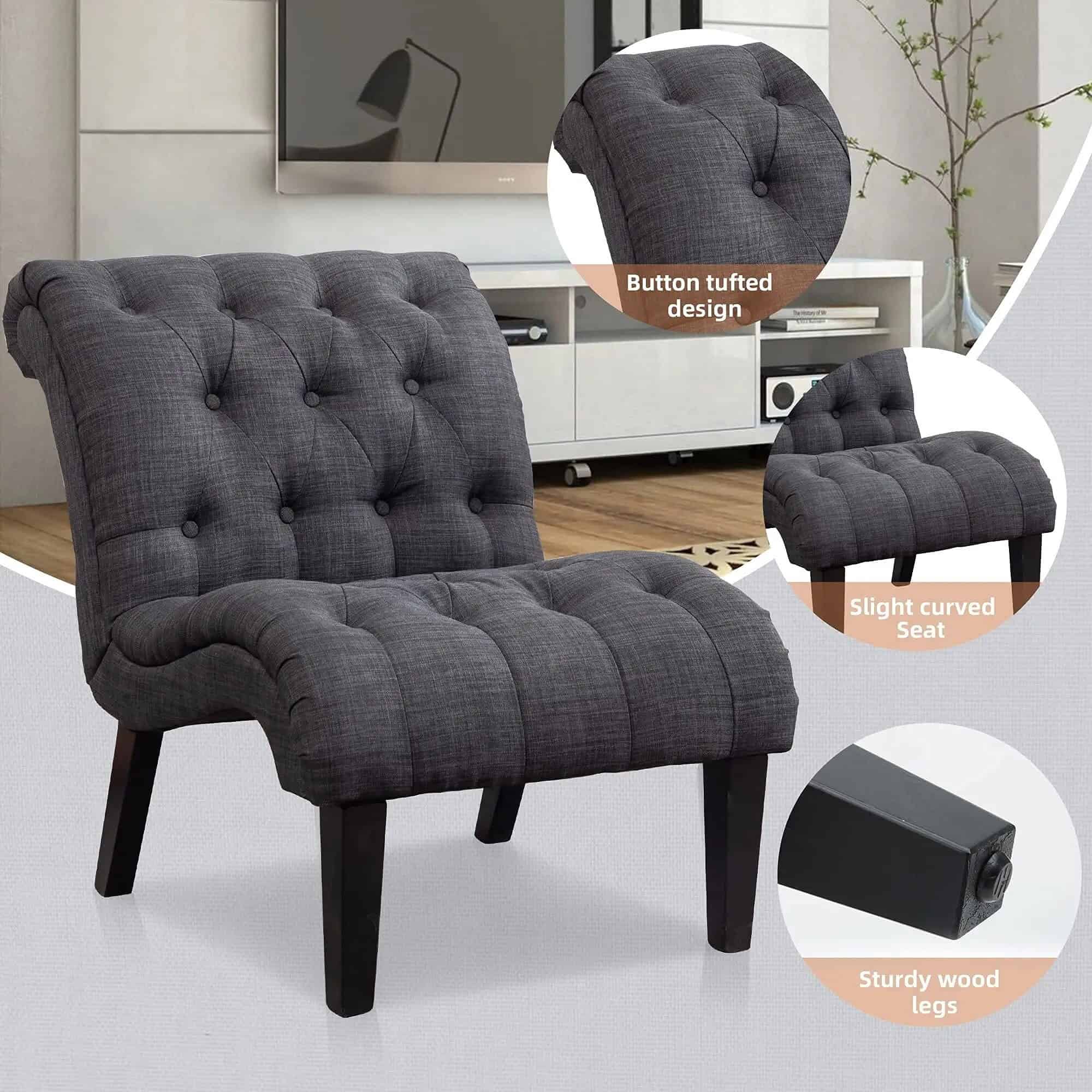 Andeworld Accent Chair for Bedroom Living Room Chairs Tufted Upholstered Lounge Chair with Wood Legs Linen Fabric, Black