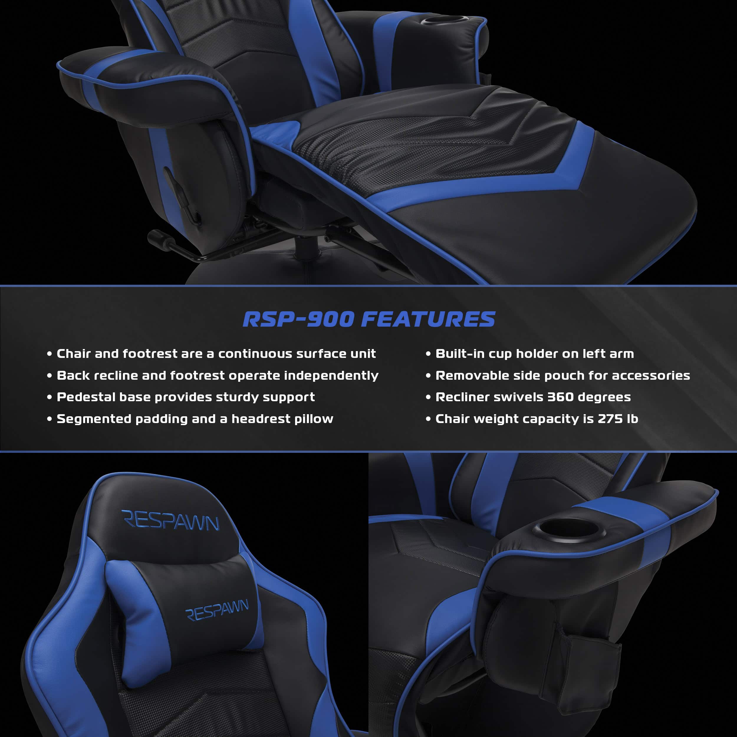 RESPAWN 900 Gaming Recliner - Reclining Gaming Chair with Footrest, Gaming Chair Recliner, Blue