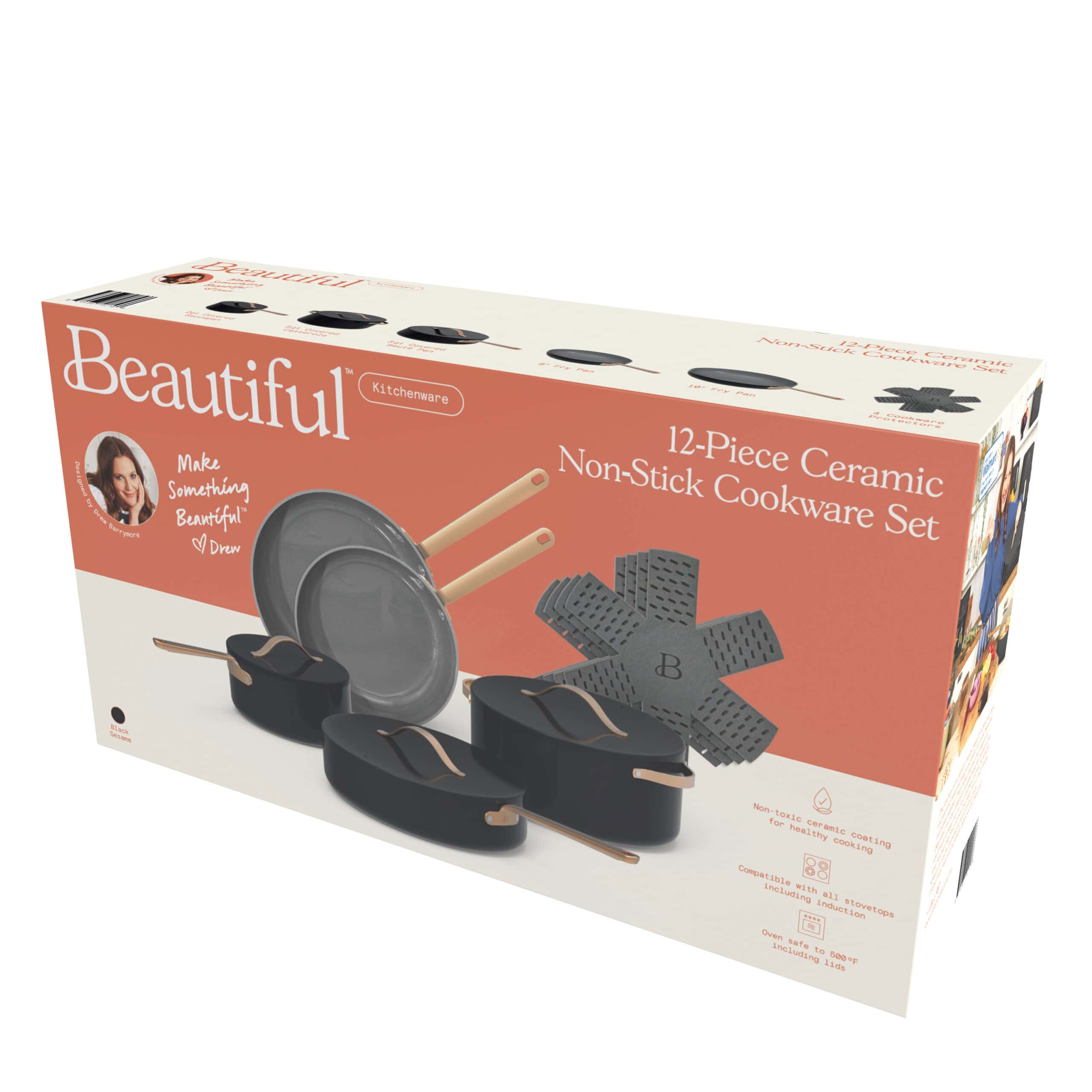 Beautiful 12pc Ceramic Non-Stick Cookware Set, Black Sesame by Drew Barrymore