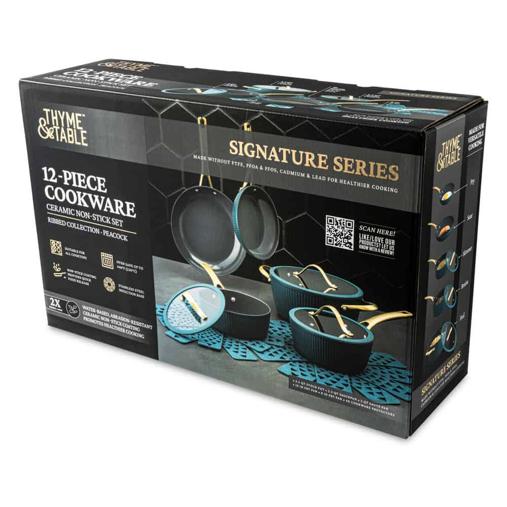 Thyme & Table Signature Ribbed 12-Piece Cookware Set Non-Stick - Peacock Blue