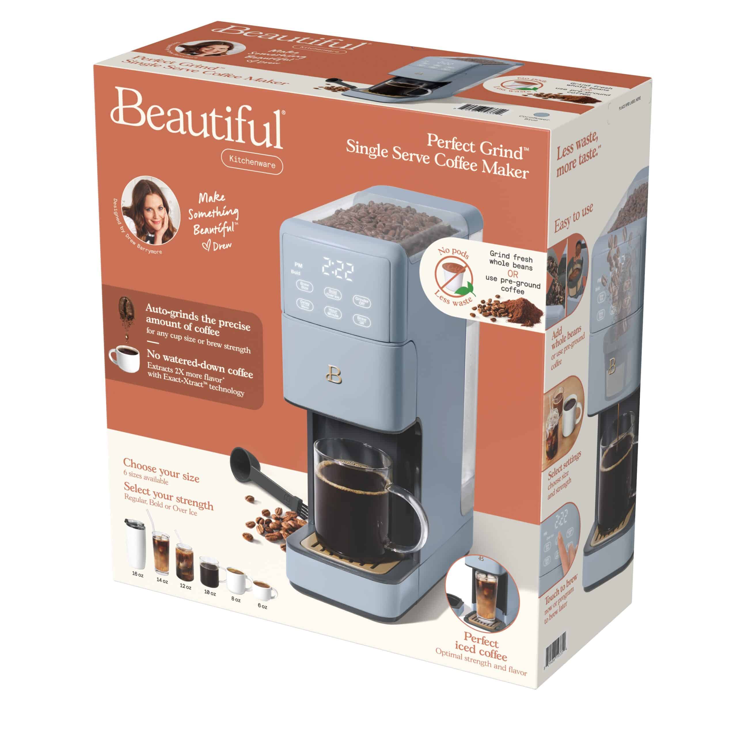 Beautiful Perfect Grind Programmable Single Serve Coffee Maker, Cornflower Blue by Drew Barrymore