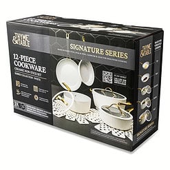 Thyme & Table Signature Ribbed 12-Piece Cookware Set Non-Stick- White & Gold