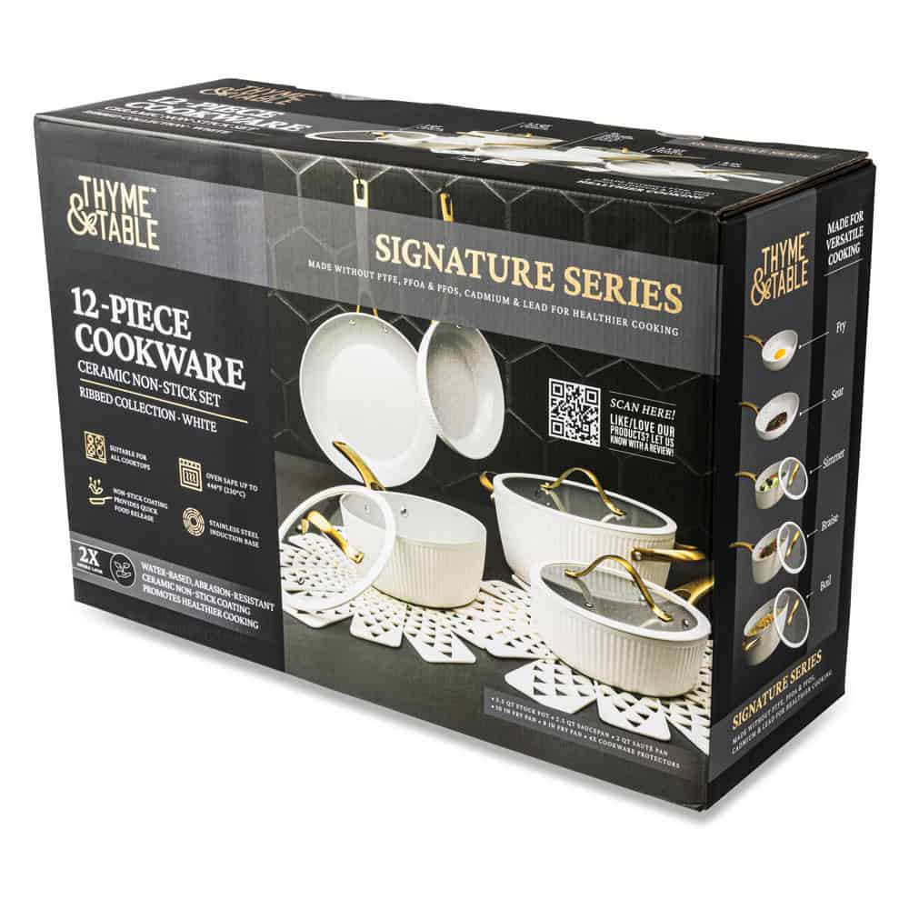 Thyme & Table Signature Ribbed 12-Piece Cookware Set Non-Stick- White & Gold