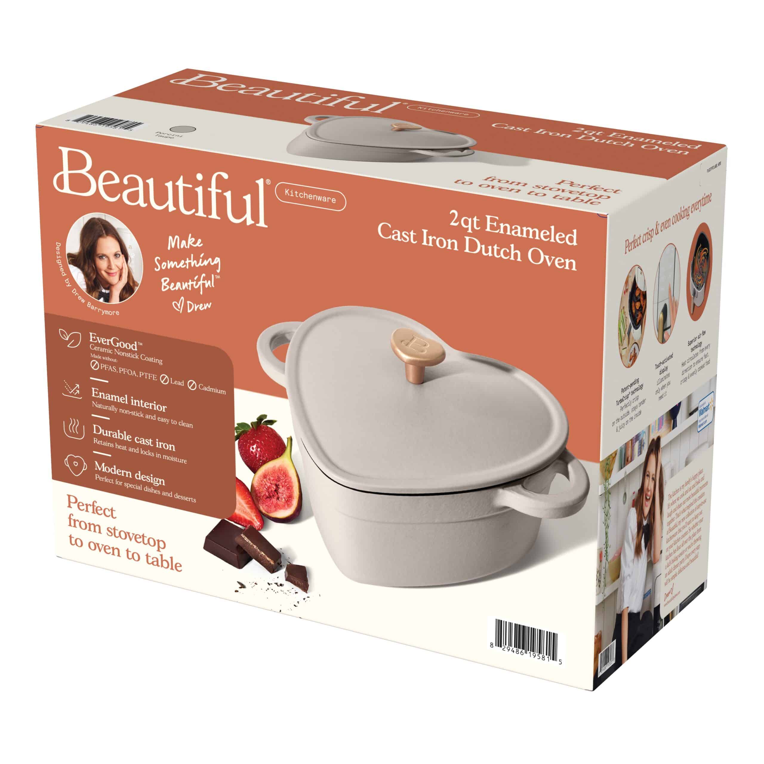 Beautiful 2QT Cast Iron Heart Dutch Oven, Porcini Taupe by Drew Barrymore