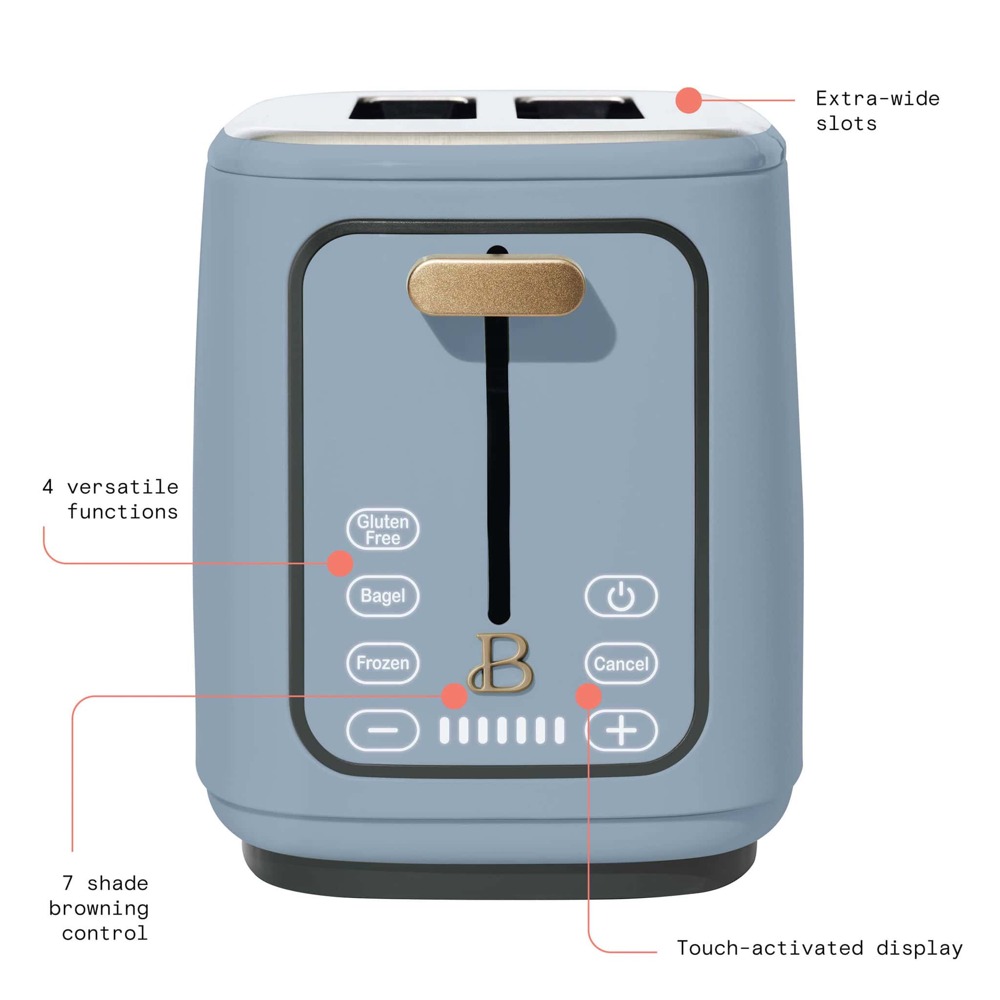 Beautiful 2 Slice Toaster with Touch-Activated Display, Cornflower Blue by Drew Barrymore