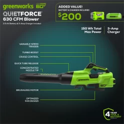 Alternative view of Greenworks 60V 630 CFM 170 MPH Leaf Blower with 2.5 Ah Battery & 3 Amp Charger 2429902
