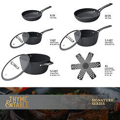 Thyme & Table Signature Ribbed 12-Piece Cookware Set Non-Stick- Grey