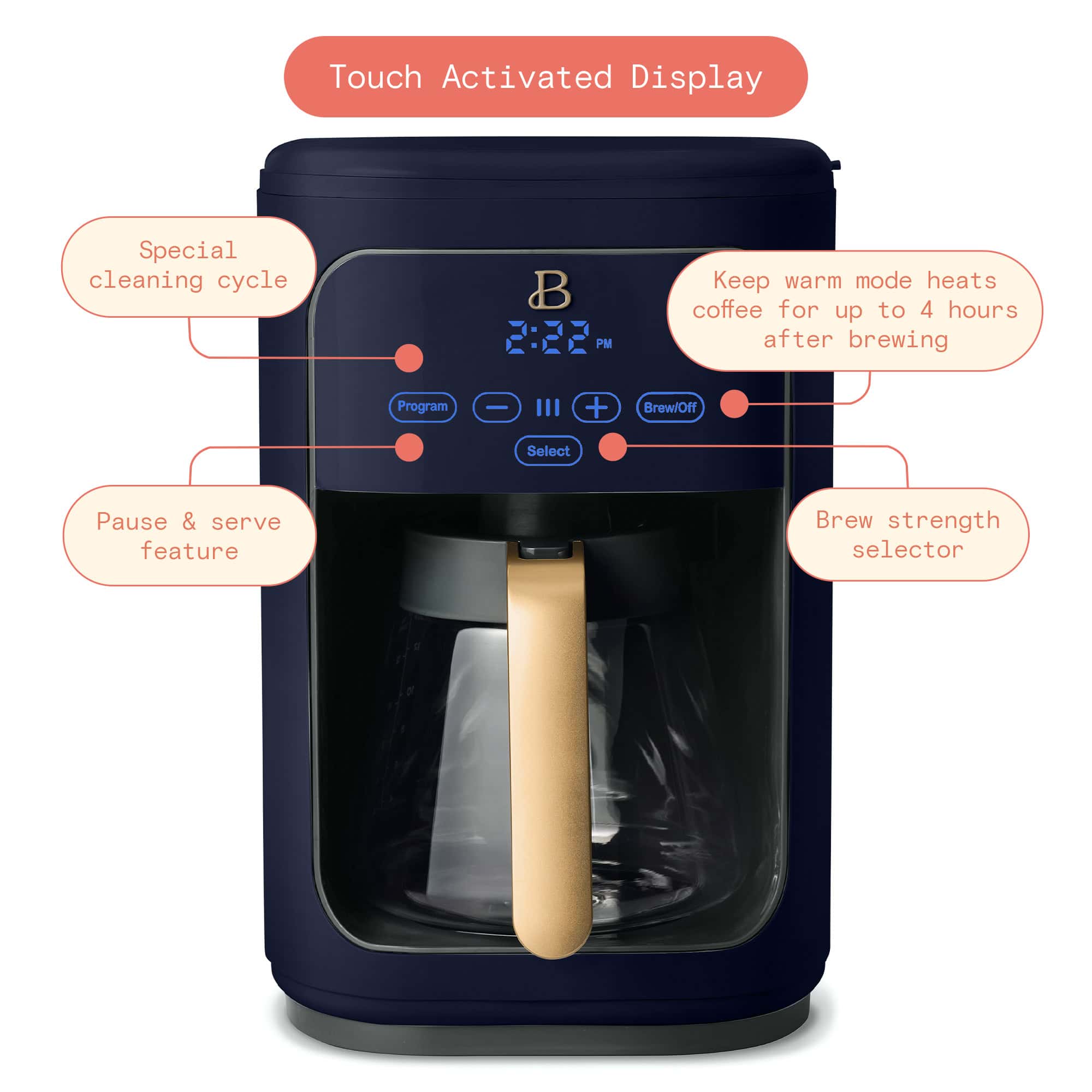 Beautiful 14-Cup Programmable Drip Coffee Maker with Touch-Activated Display, Starry Night by Drew Barrymore, Blue