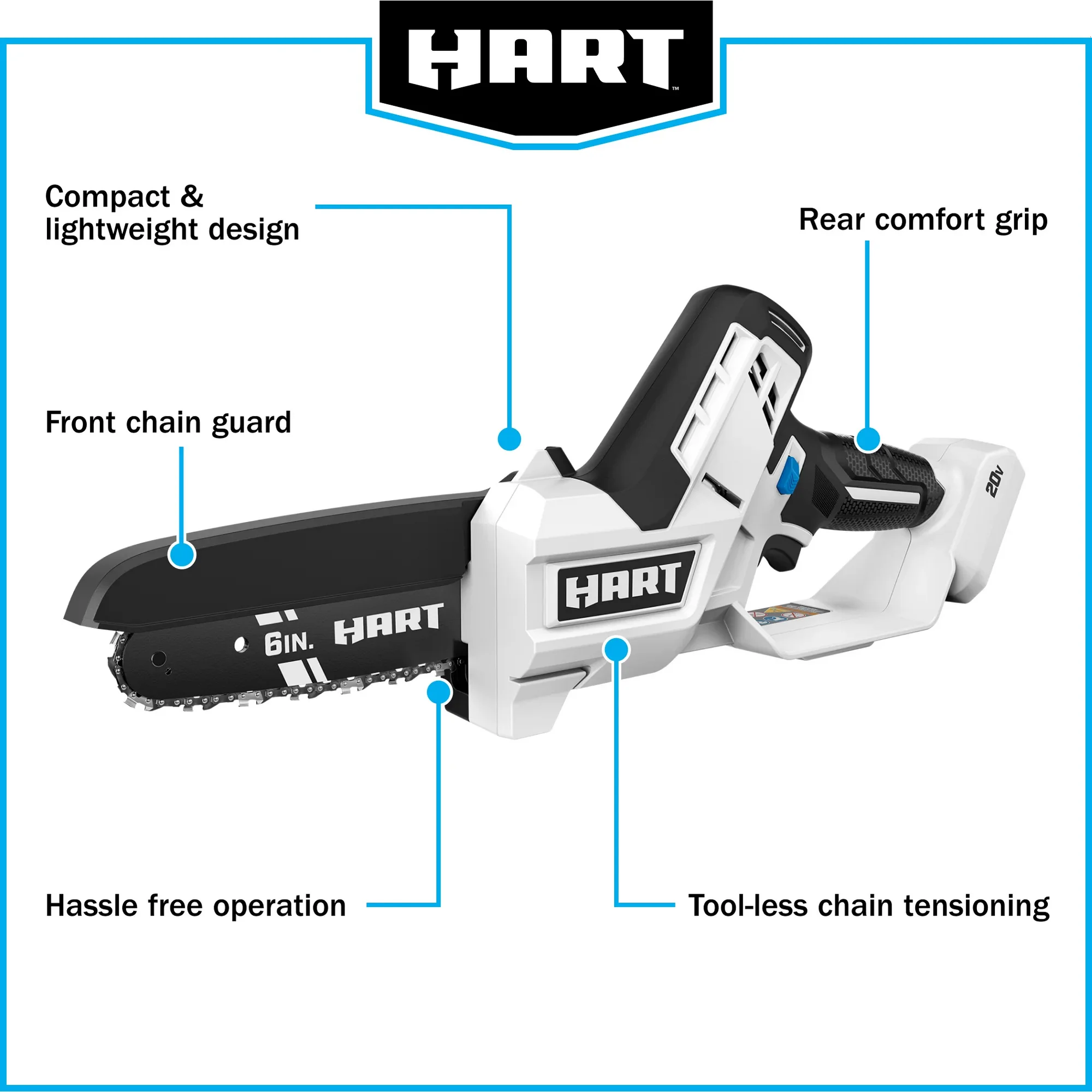 HART 20 Volt 6-inch Battery-Powered Pruning Chainsaw Kit, (1) 2.0Ah Lithium-Ion Battery