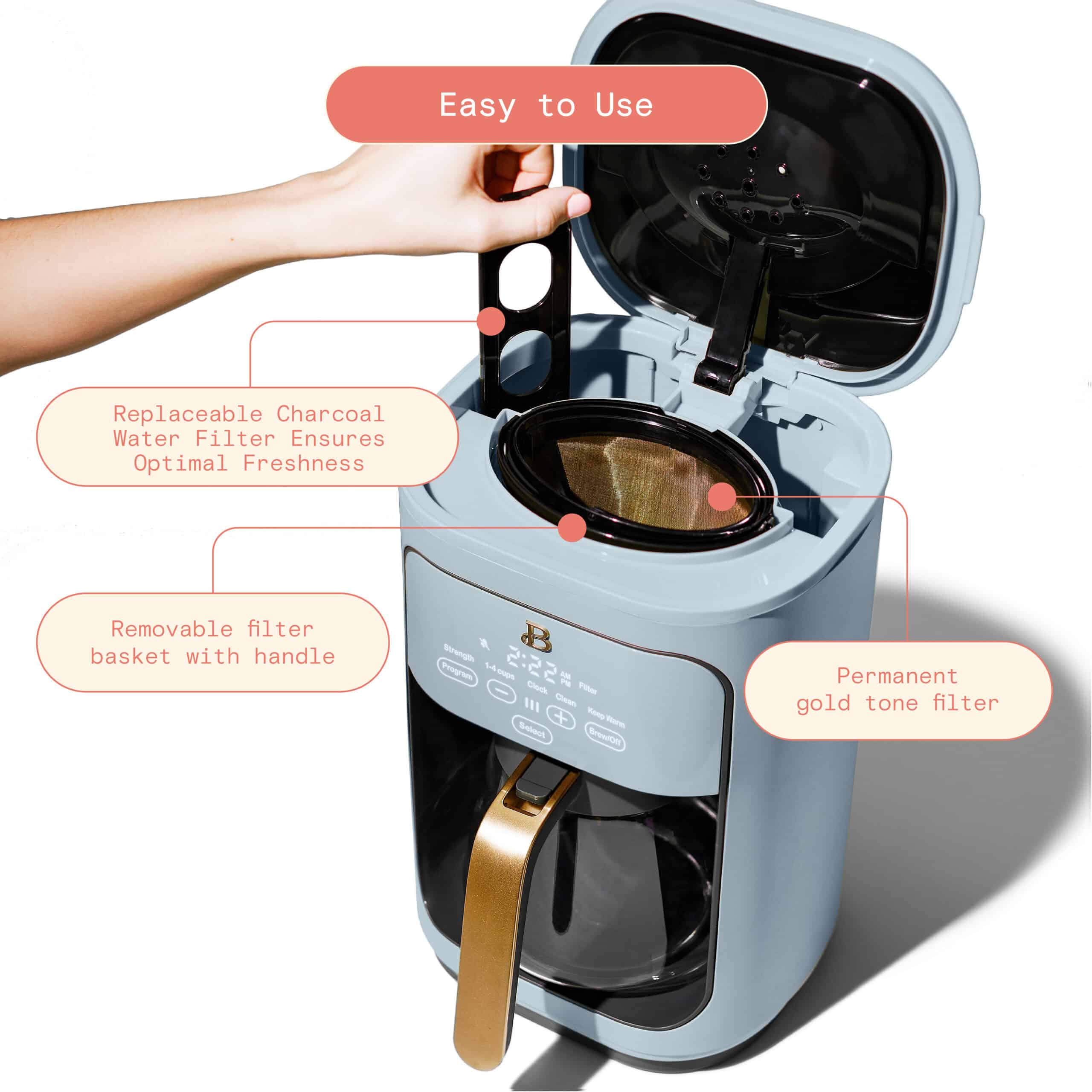 Beautiful 14-Cup Programmable Drip Coffee Maker with Touch-Activated Display, Cornflower Blue by Drew Barrymore