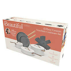 Beautiful 12pc Ceramic Non-Stick Cookware Set, White Icing by Drew Barrymore
