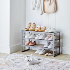 Better Homes & Gardens Farmhouse 3 Tier Shoe Rack, Gray, 30IN Wx 12 IN Dx 18IN H, Holds up to 12 Pairs