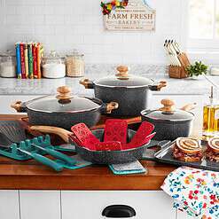 The Pioneer Woman Prairie Signature 14-Piece Cast Aluminum Cookware Set, Charcoal Speckle
