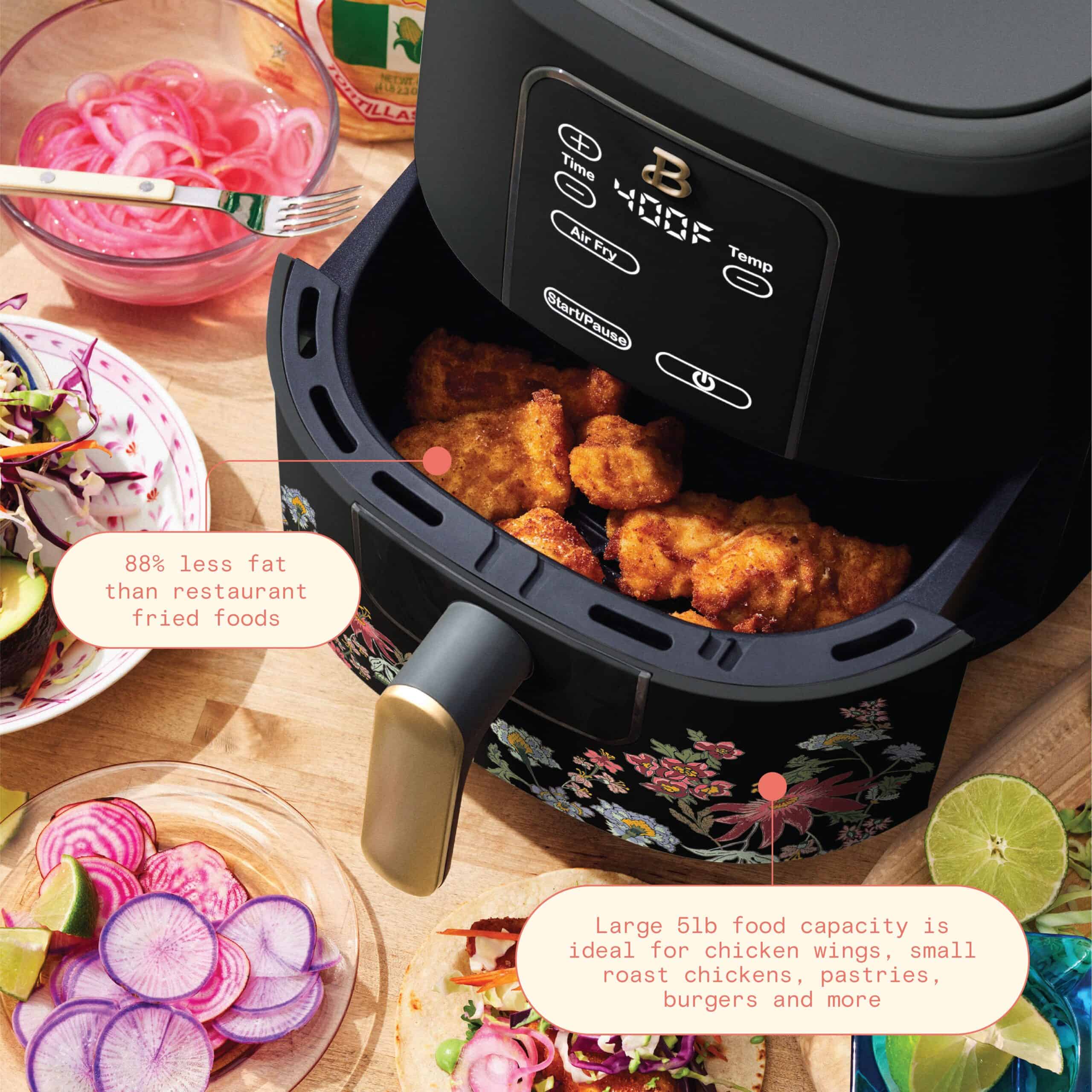 Beautiful 6 Qt Air Fryer with TurboCrisp Technology and Touch-Activated Display, Wildflower by Drew Barrymore, Black