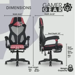 Gamer Gear Gaming Office Chair with Extendable Leg Rest, Red/Black Fabric Upholstery