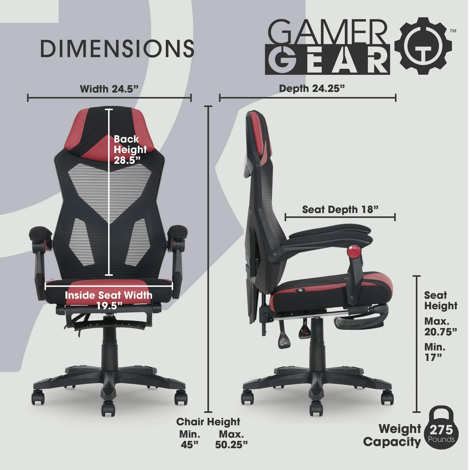 Gamer Gear Gaming Office Chair with Extendable Leg Rest, Red/Black Fabric Upholstery