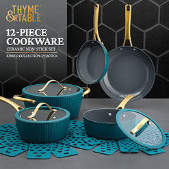 Thyme & Table Signature Ribbed 12-Piece Cookware Set Non-Stick - Peacock Blue