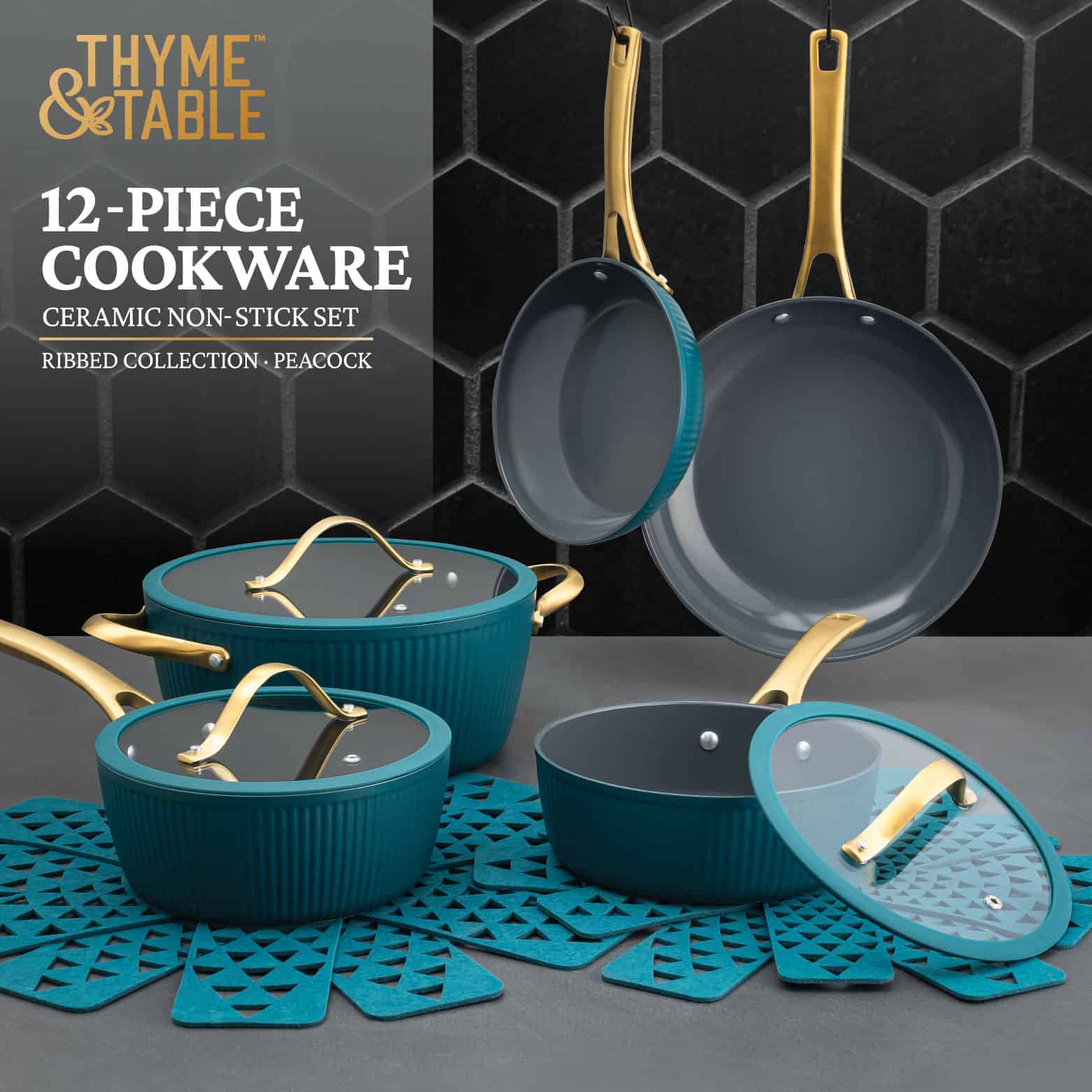 Thyme & Table Signature Ribbed 12-Piece Cookware Set Non-Stick - Peacock Blue