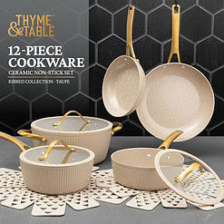 Thyme & Table Signature Ribbed 12-Piece Cookware Set Non-Stick - Taupe