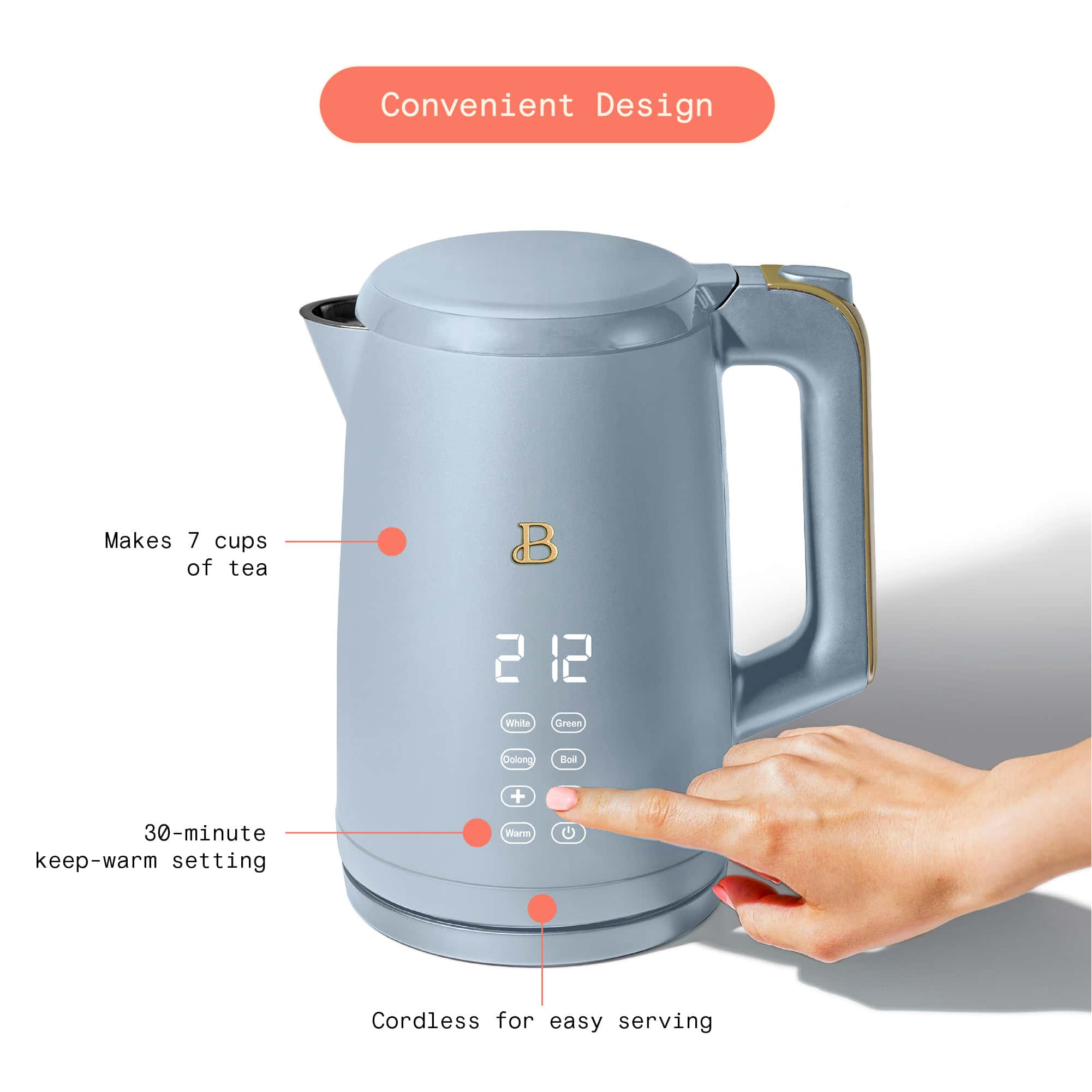 Beautiful 1.7-Liter Electric Kettle 1500 W with One-Touch Activation, Cornflower Blue by Drew Barrymore