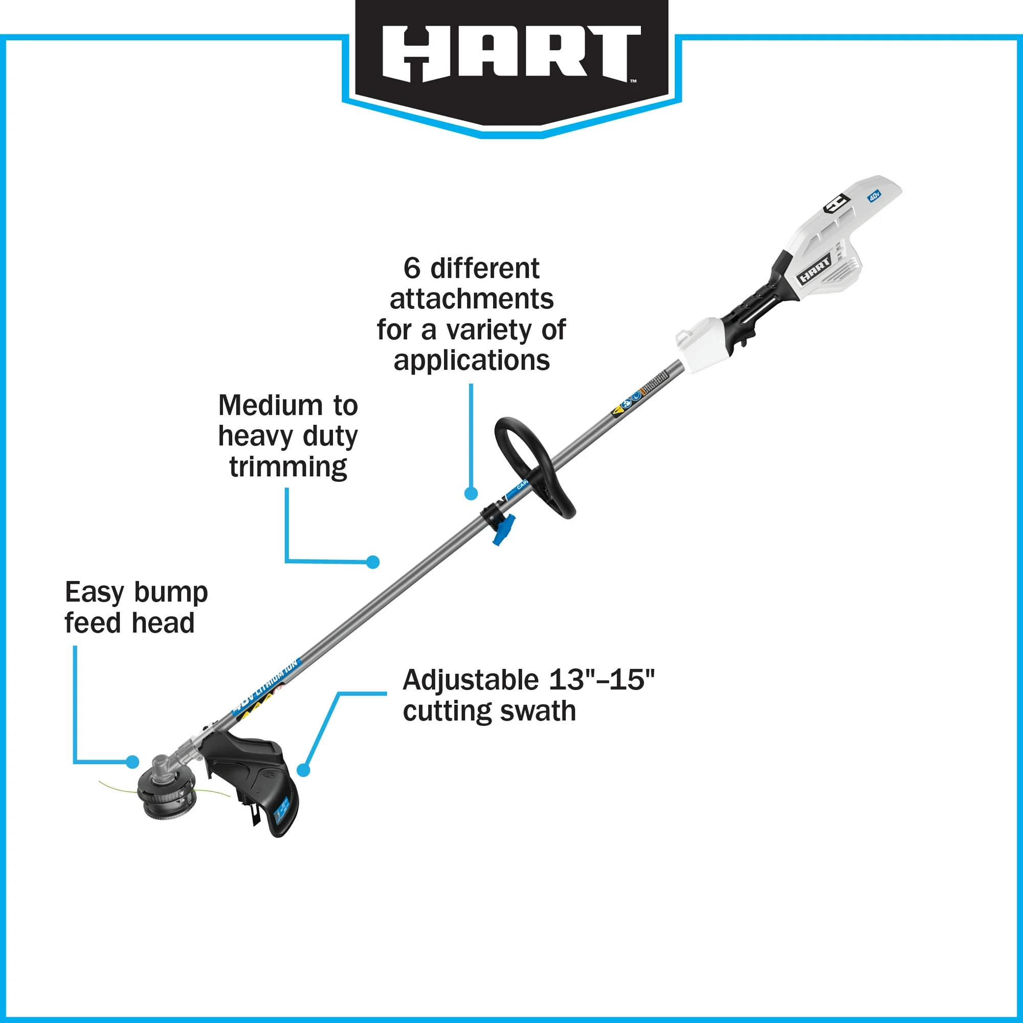 HART 40-Volt Cordless Attachment Capable 15-inch String Trimmer Kit, (1) 4.0Ah Lithium-Ion Battery